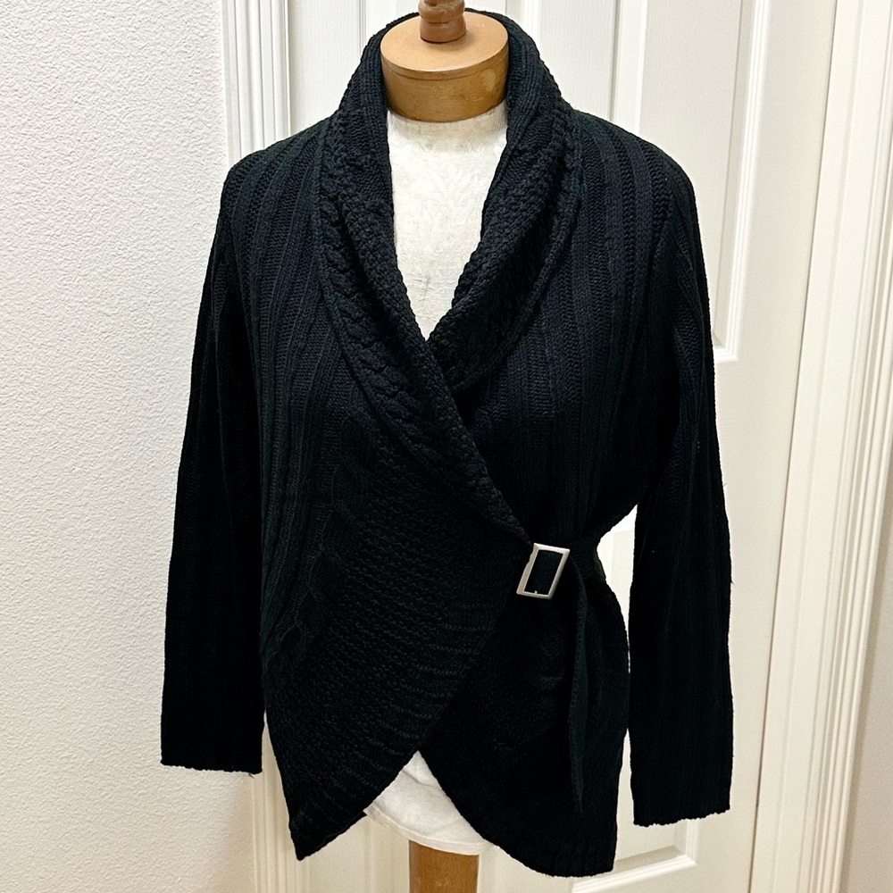 RXB Women’s Black Long Sleeve Open Sweater Jacket/Cardigan with Waist Buckle - L